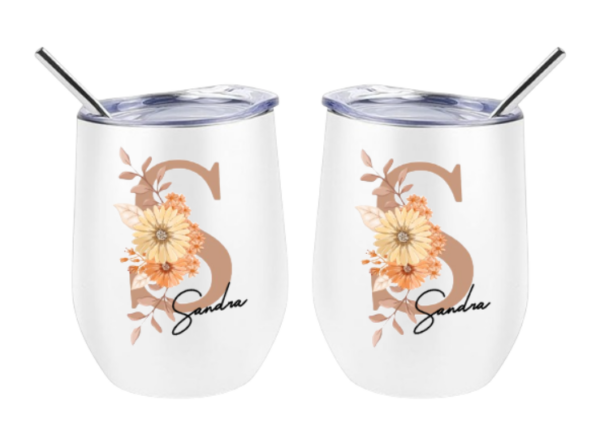 Edelstahl Weinbecher mit Blumenbuchstabe und Namen