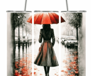 Edelstahlbecher groß herbstliche Straße ganzes Bild