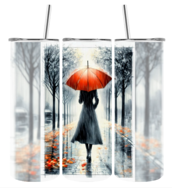 Edelstahlbecher groß herbstliche Allee verschwommener Hintergrund