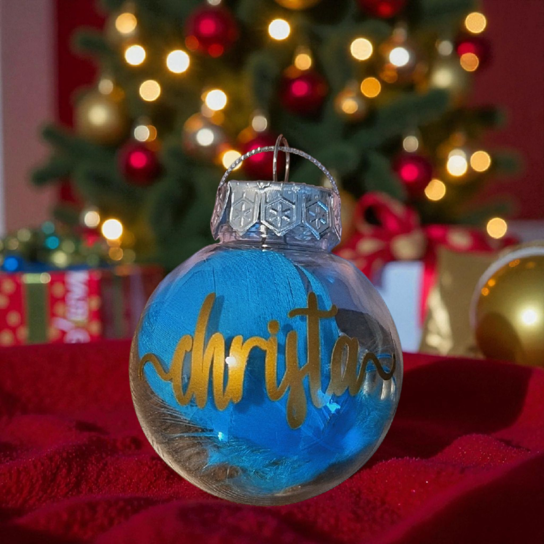 Weihnachtskugel transparent hellblaue Feder