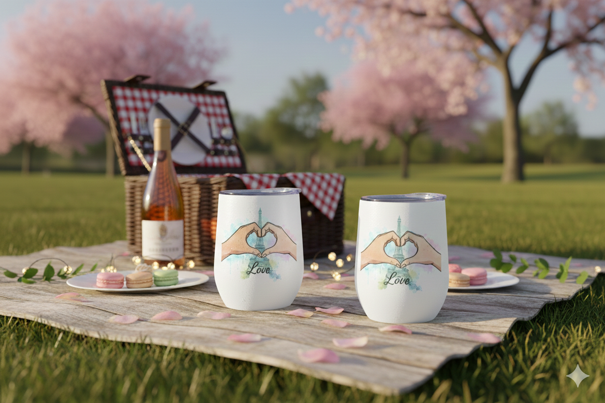 Love-Edition: Paris Weingläser auf einer Picknickdecke im Park