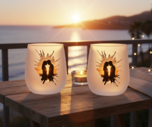 Silent Moments of Love satiniertes Weinglas Auf einem Tisch vor einem Sonnenuntergang