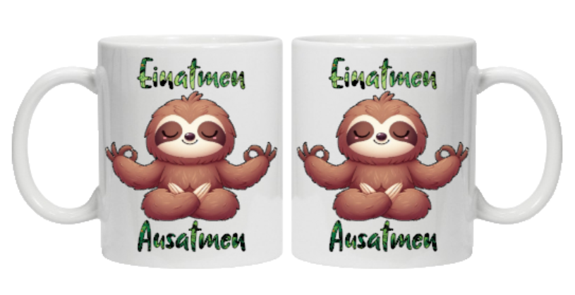 Meditierendes Faultier Flash Tasse weiß Einatmen, Ausatmen